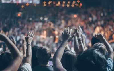 Energetic crowd at a live concert with hands raised and bright lights.